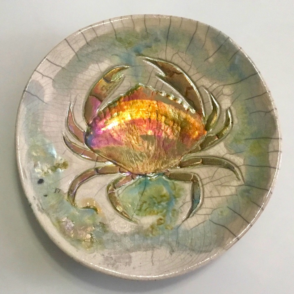 Handmade Raku pottery decorative crab platter